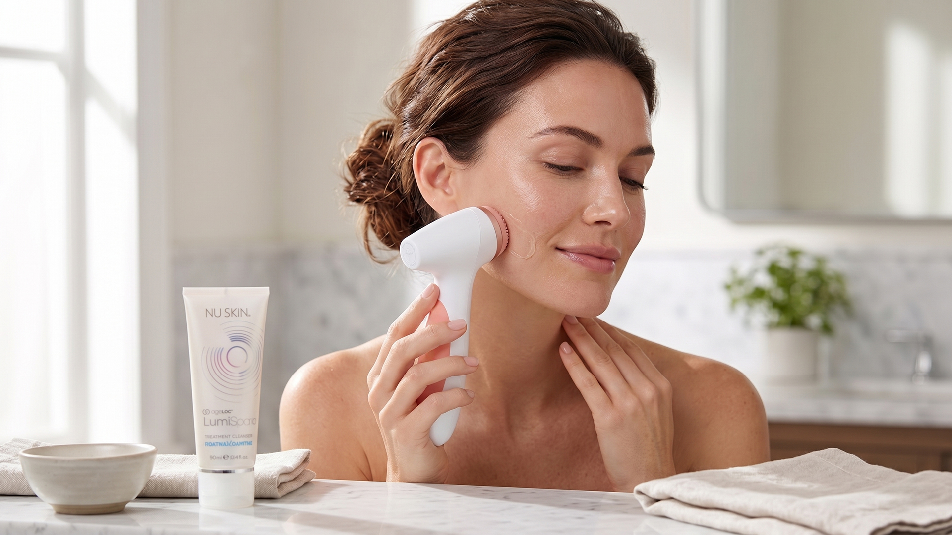 mujer usando ageLOC LumiSpa iO para limpieza facial